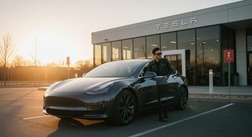 男性が黒いテスラを運転してサービスセンターに到着した画像