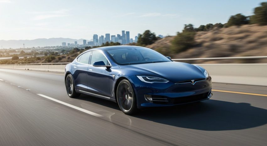 紺色のテスラが高速道路を走る画像