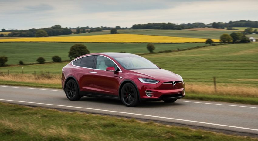 赤いテスラ自動車が走っている画像