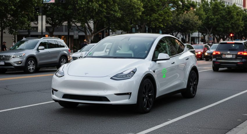 白いテスラが自動運転で街中を走っている画像