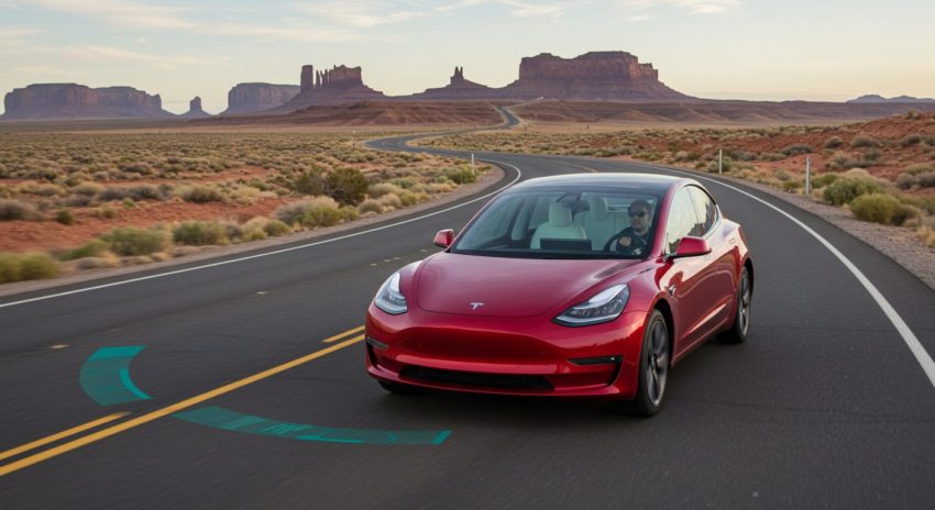 赤いテスラ車がオートパイロットで走っている画像