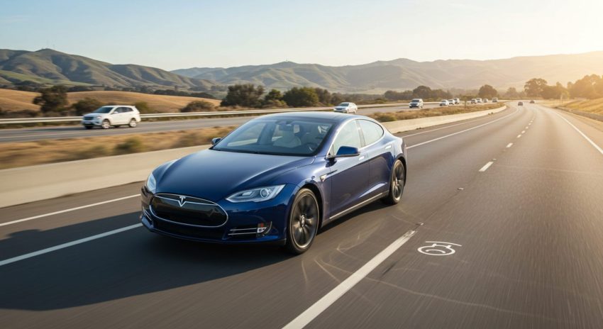 紺色のテスラ車が自動運転で走っている画像