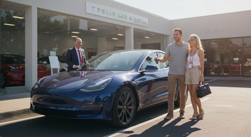 テスラを借りれるレンタカーでテスラ自動車を借りる夫婦の画像