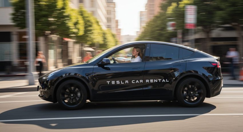 テスラ自動車の横にテスラレンタカーと書いている画像