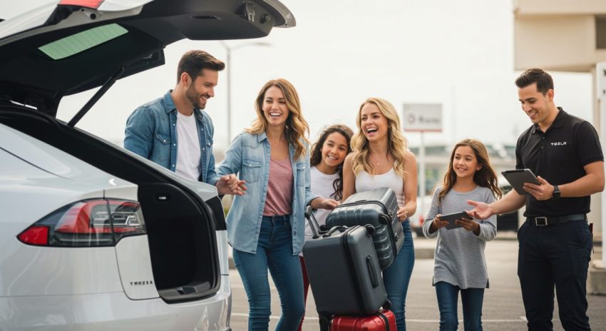 家族で借りたテスラ自動車に荷物を積み込む様子の画像