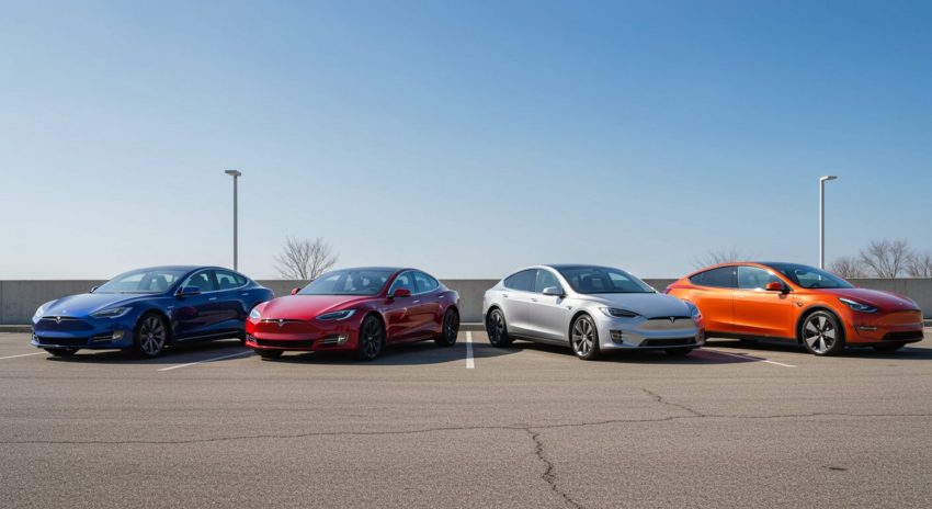 テスラの全モデルが並んで止まっている画像