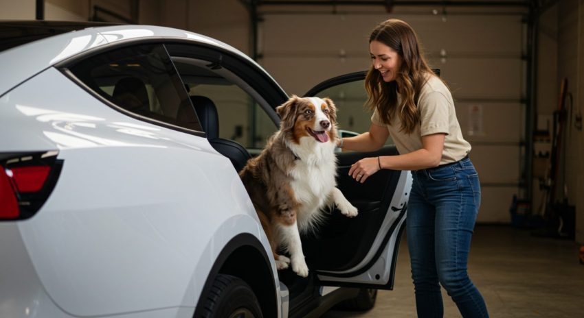 白いテスラに中型犬を乗せようとする女性の画像