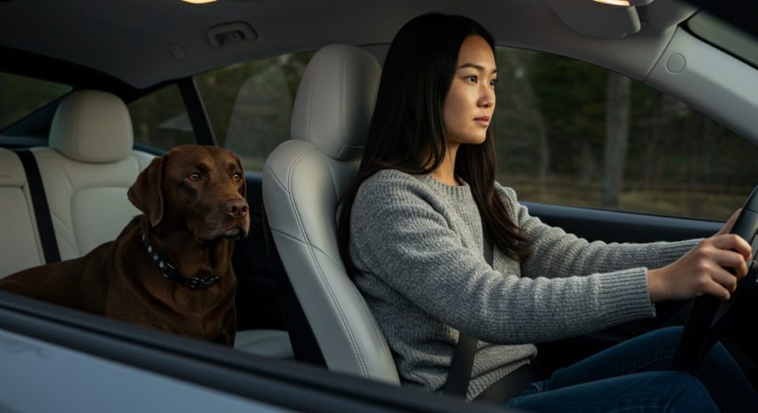 中型犬を助手席に乗せてドライブを楽しむ女性の画像