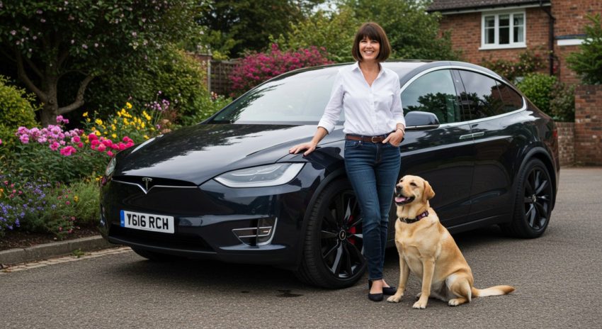 紺色のテスラの前に女性と犬がいる画像