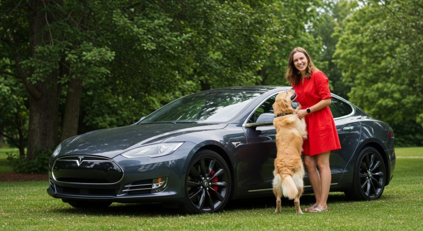 紺色のテスラの前で射ぬとじゃれ合う女性の画像