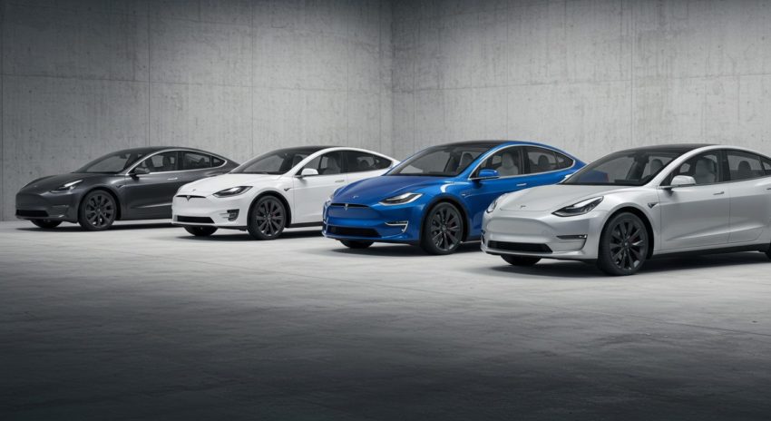 テスラ自動車の全モデルが並んで止まっている画像