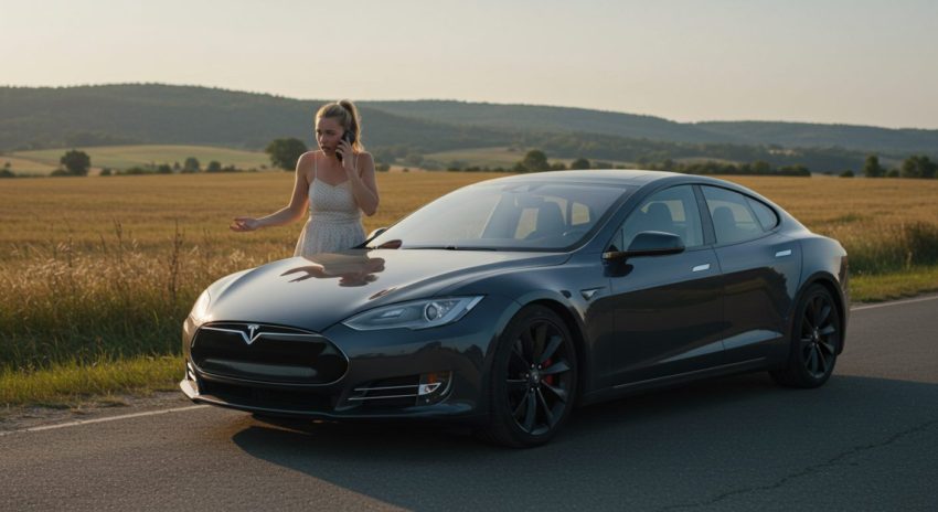 紺色のテスラが故障し、女性が困った顔で電話している画像