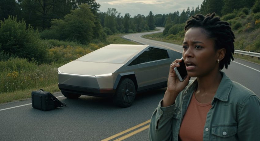 テスラが路上で故障し、女性が困った顔をして電話をしている画像