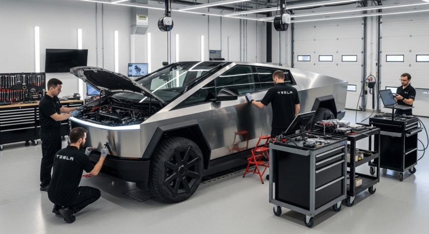 テスラのサイバートラックが点検を受けている画像