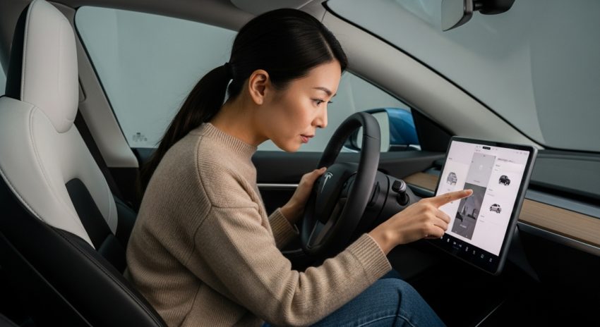納車された電気自動車のテスラを点検する女性