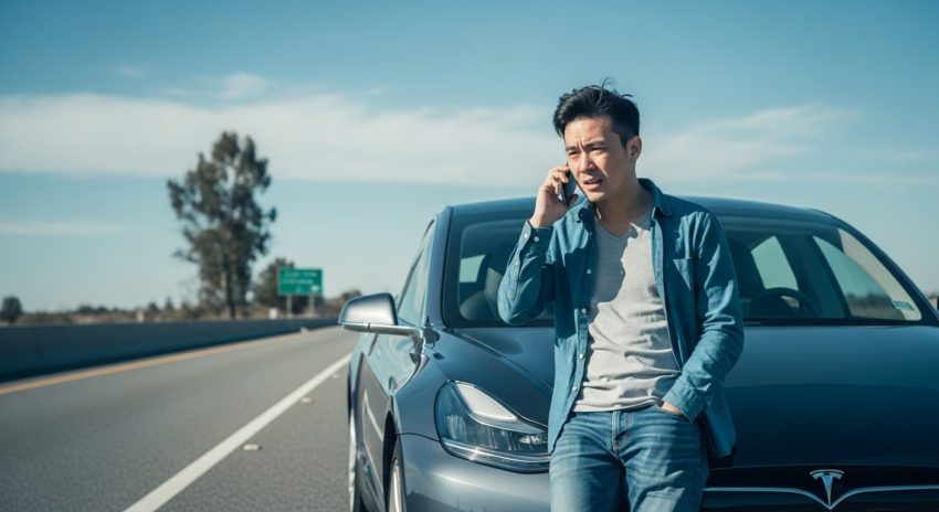 テスラが故障し、男性が困った顔をして電話をしている画像