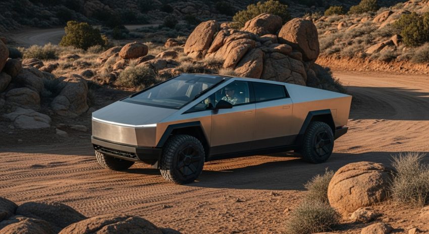 テスラのサイバートラックが荒れ地を走っている画像