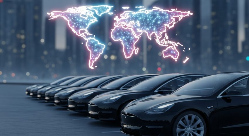 多くのテスラ車が並んでいる背景に世界地図が浮かんでいる画像