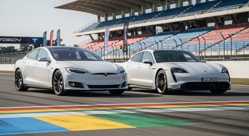 テスラとポルシェがレーシング場で並んでいる画像