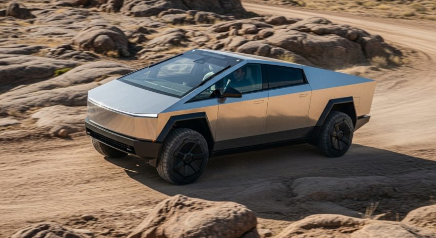 テスラのサイバートラックが荒れ地を走っている画像