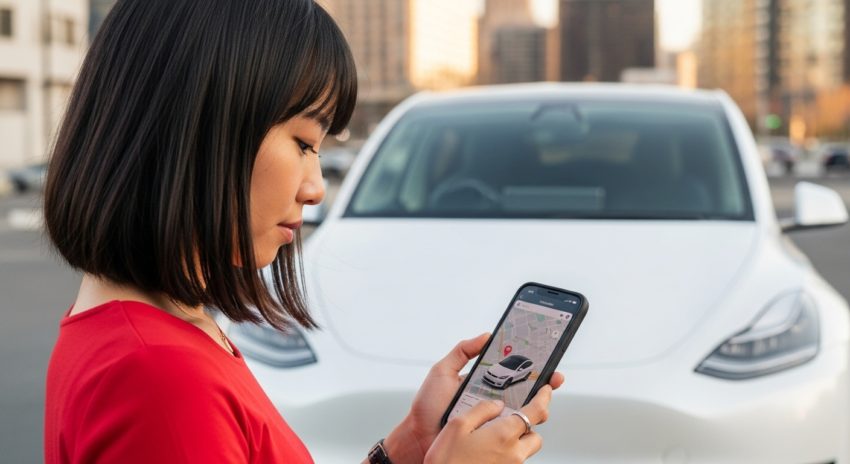 テスラの位置情報をスマートフォンで確認する女性の画像