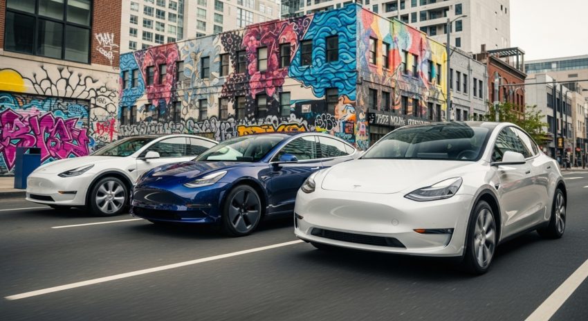 テスラのモデルが並ぶイメージ