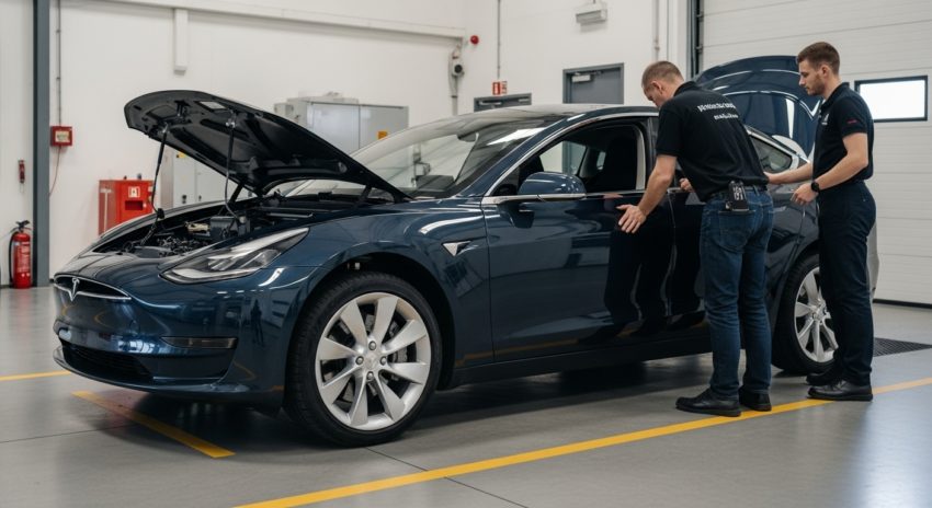 紺のテスラ自動車を整備している画像
