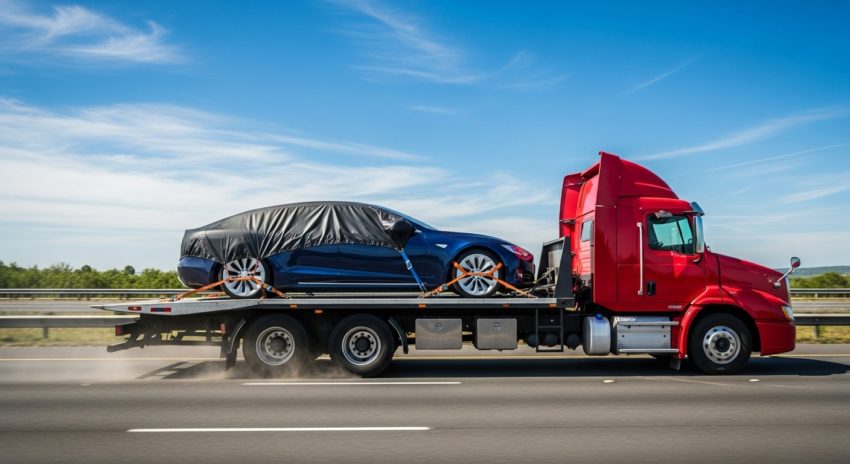 電気自動車のテスラが陸送されている