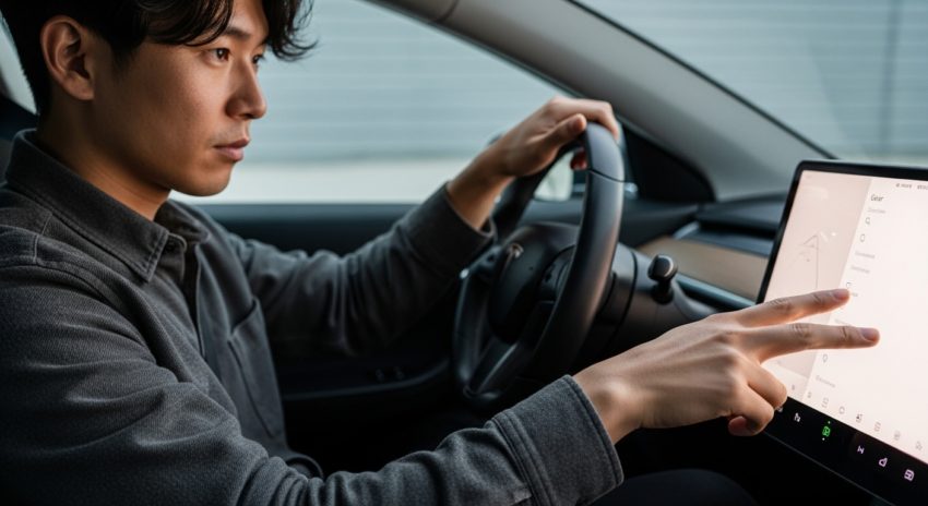 タッチパネルを操作するテスラドライバー