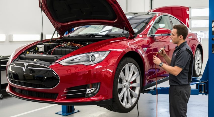赤いテスラをサービスセンターで点検している画像