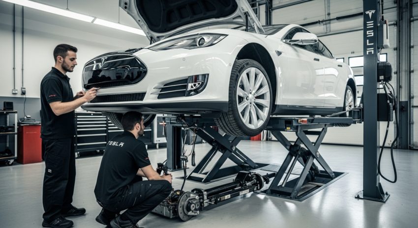 白いテスラ自動車を整備している画像
