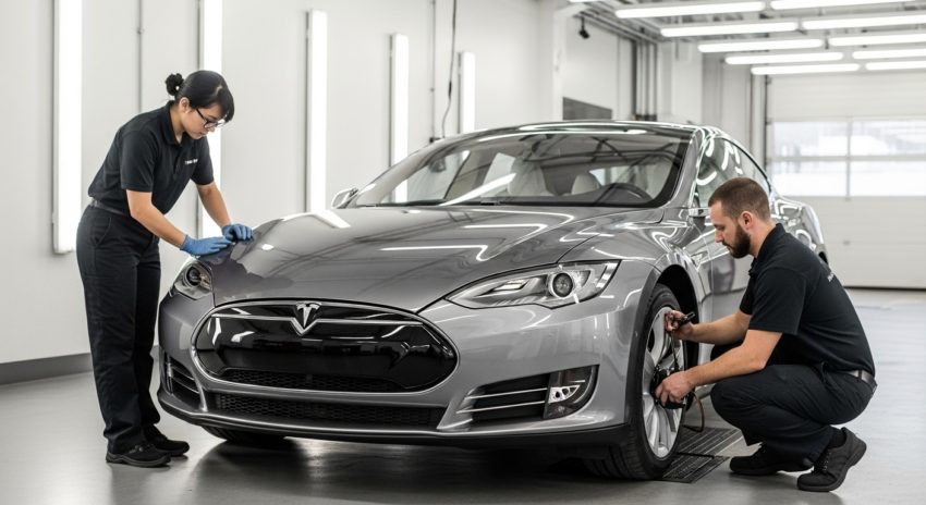 シルバーのテスラ自動車を整備している画像