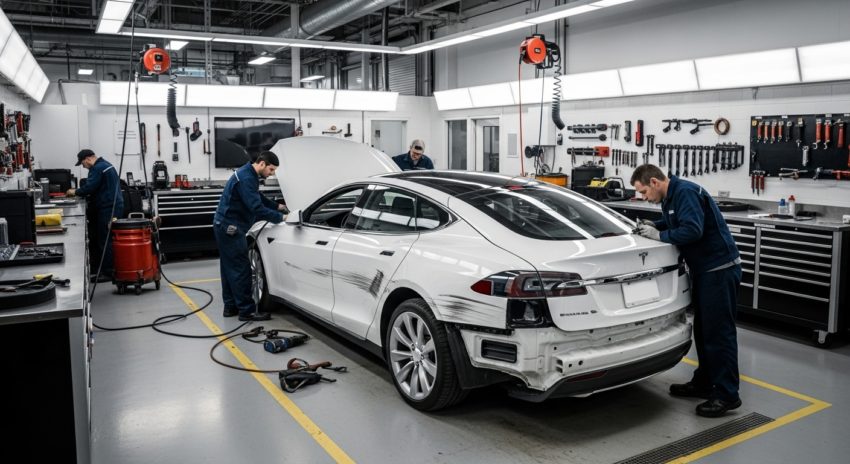 故障した白いテスラを修理している画像