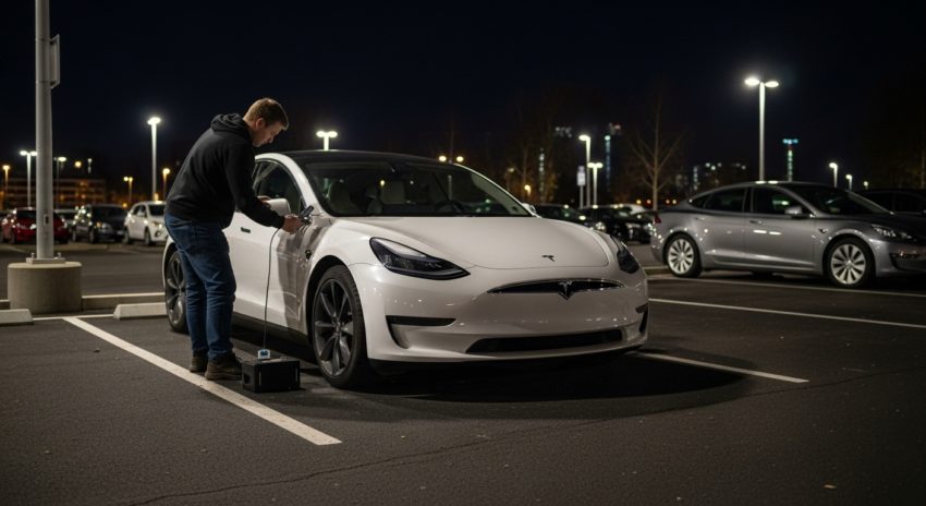 夜間、駐車場に止めてあるテスラを盗もうとする男性の画像