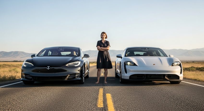 ポルシェとテスラの間で女性が立っている画像