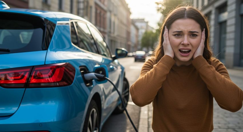 電気自動車の充電音がうるさく耳をふさいでいる女性の画像