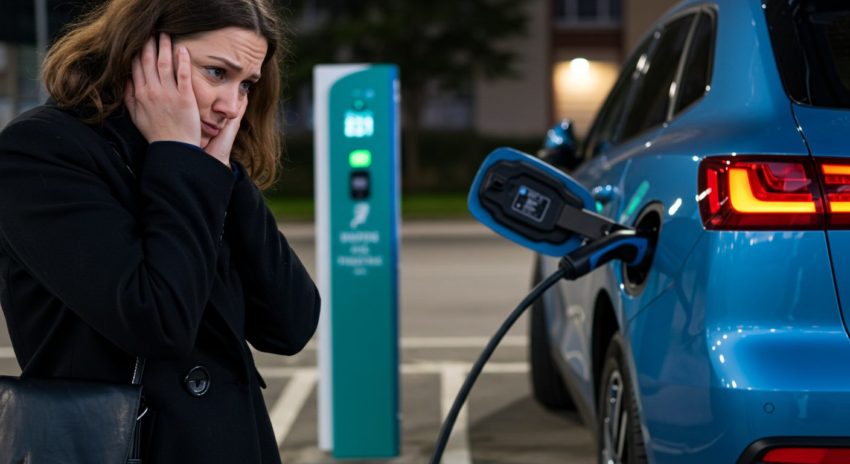 充電器から発する音で不快な顔をする女性の画像