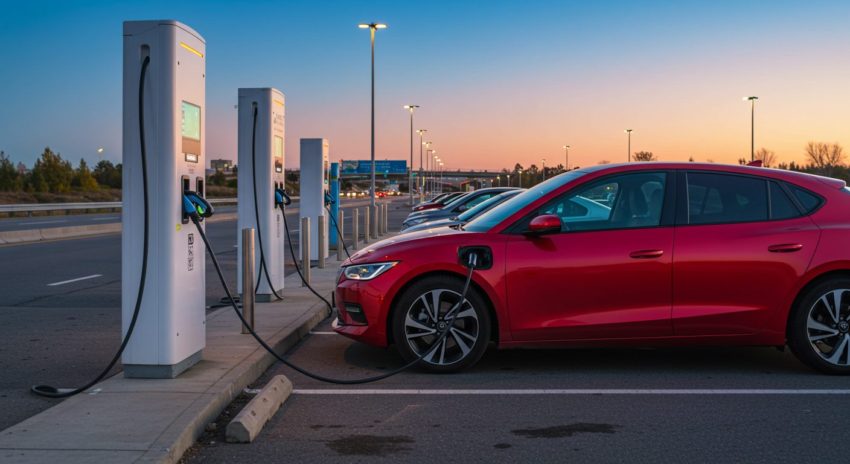 高速道路のパーキングで充電している電気自動車の画像