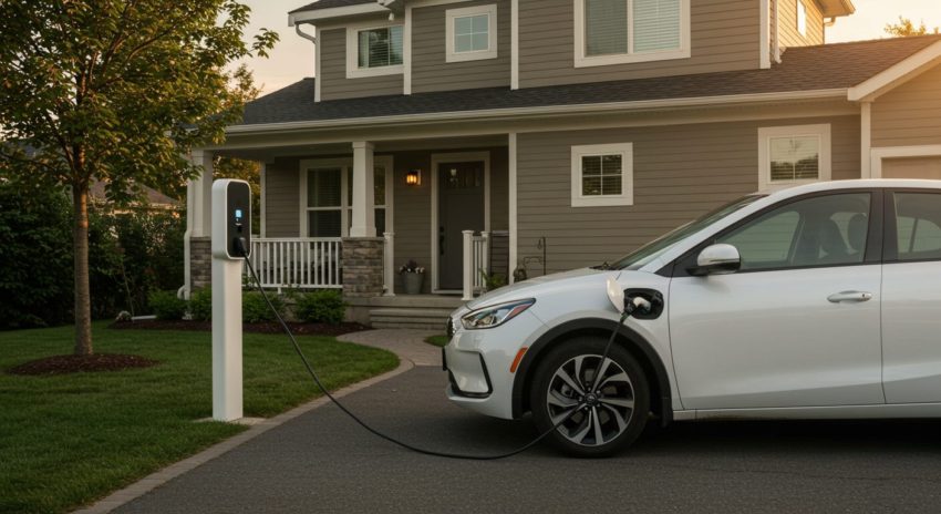自宅の駐車場で充電している電気自動車の画像