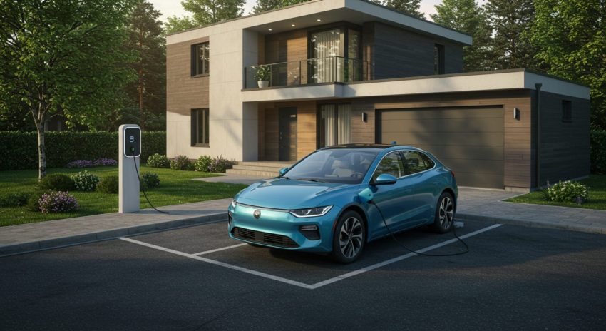 自宅の駐車場で充電している青い電気自動車の画像