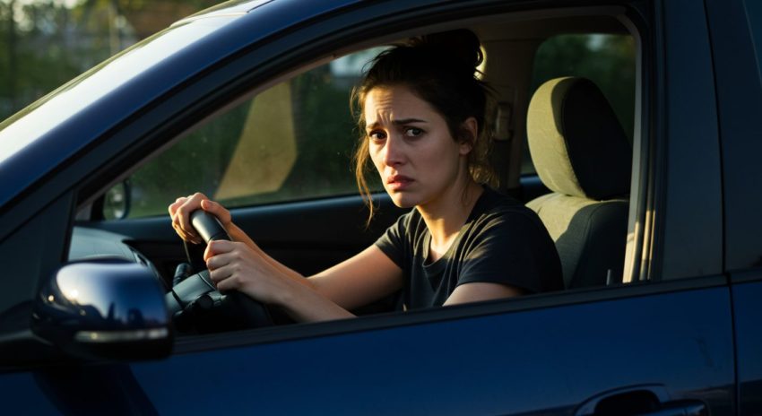 プリウスを運転しているがギアチェンジレバー操作に悩んでいる女性の画像