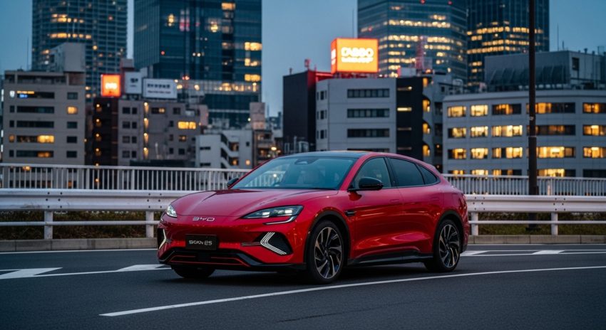 東京都内をBYD電気自動車が走っている画像