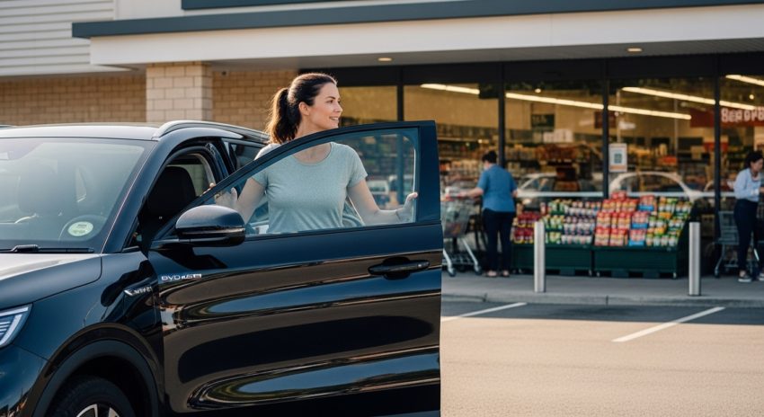 紺色のBYD ATTO3に乗って買い物に来た女性の画像