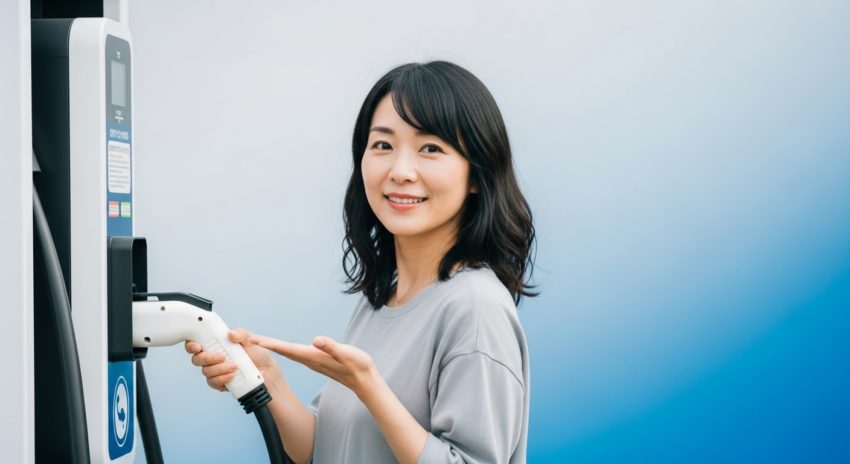 電気自動車の急速充電コネクタを持った女性