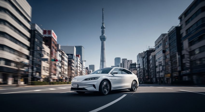 スカイツリーを背景にBYD電気自動車が走っている画像