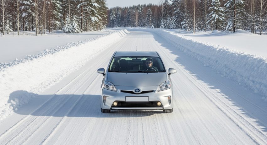 プリウス30系が雪道を走っている画像