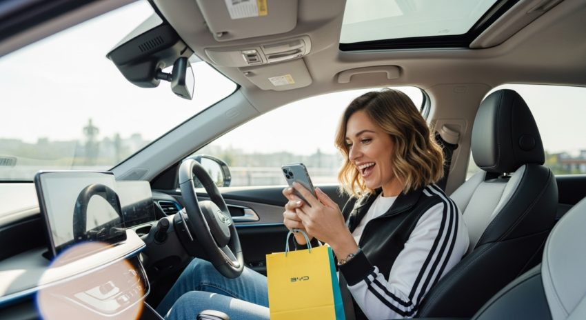 BYD電気自動車にのって買い物に来た女性の画像