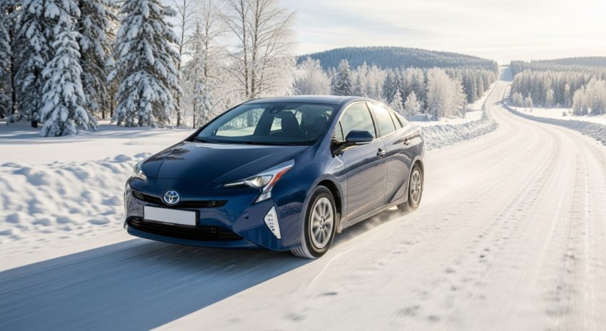 プリウス50系が雪道を走っている画像