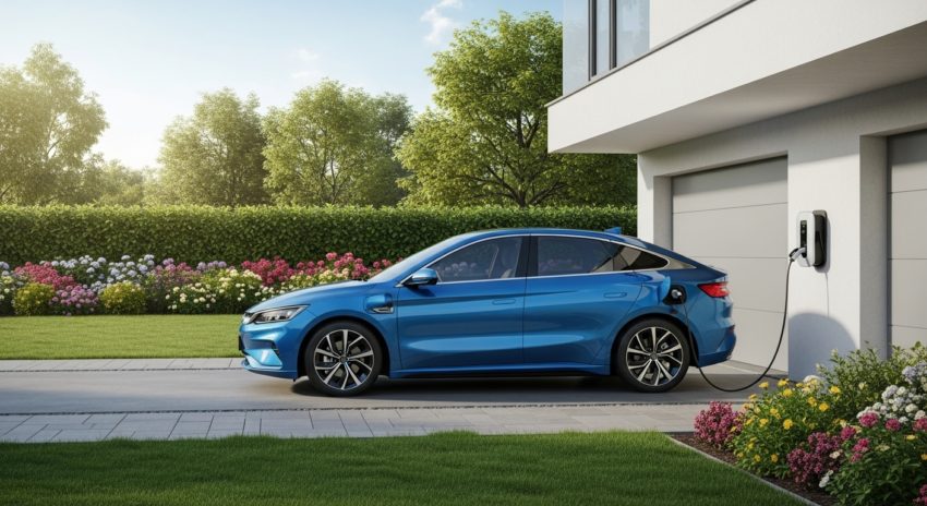 青いBYDが自宅で充電している画像