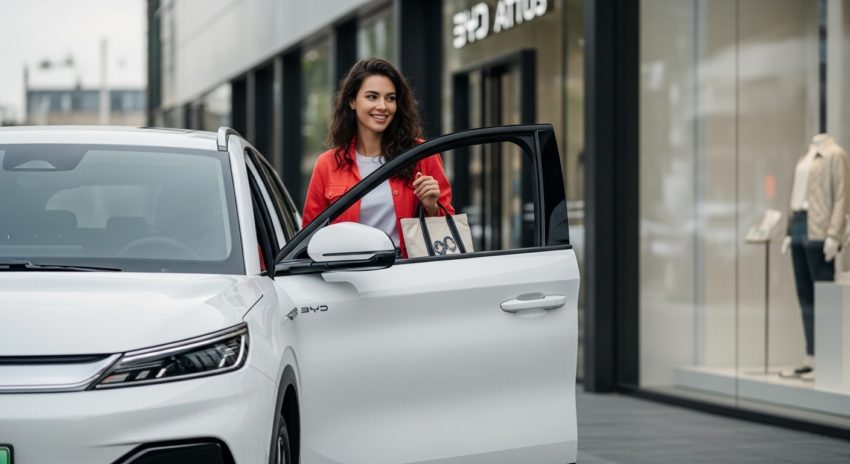 BYD ATTO3に乗って買い物に来た女性の画像